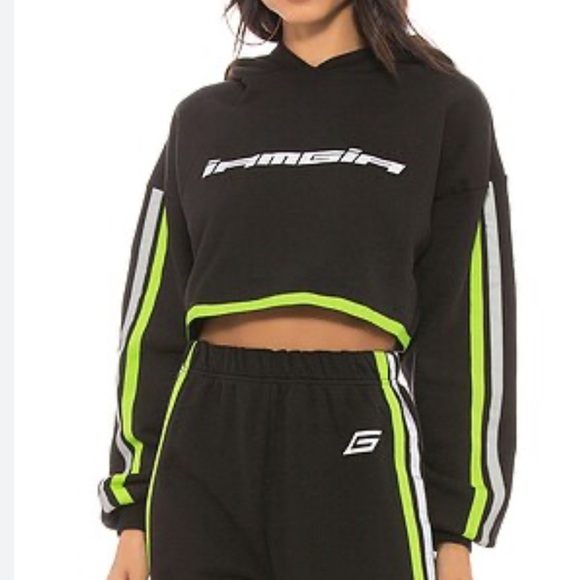 I.am.Gia Mercury Striped Cropped Hoodie Black Neon Reflective Oversized sz S - Picture 1 of 5